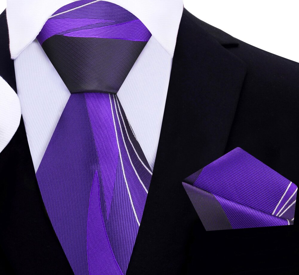 Purple Abstract Tie and Pocket Square||Dark Purple, Purple, White
