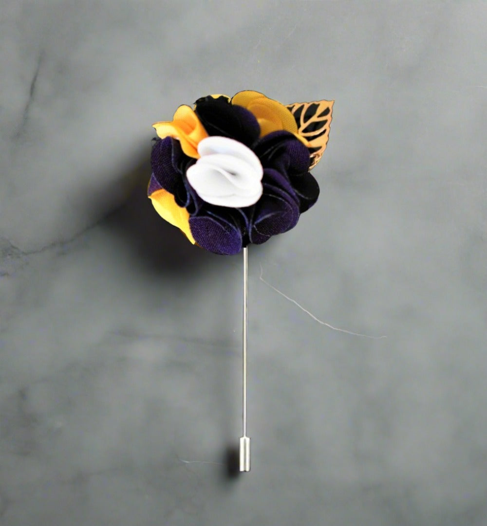 A Purple, yellow, White Detailed Lapel Flower With Gold Colored Metal Leaf Lapel Pin||Purple, Yellow, White