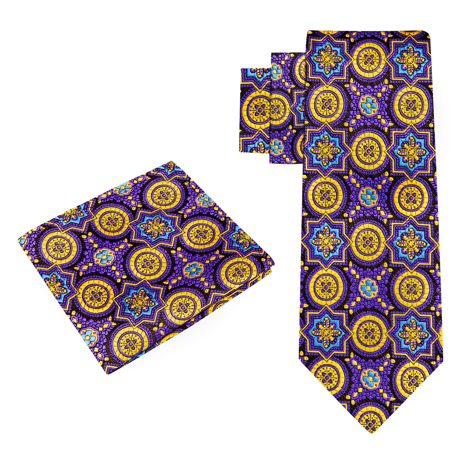 Alt View: Purple and Gold Geometric Shield Tie and Square