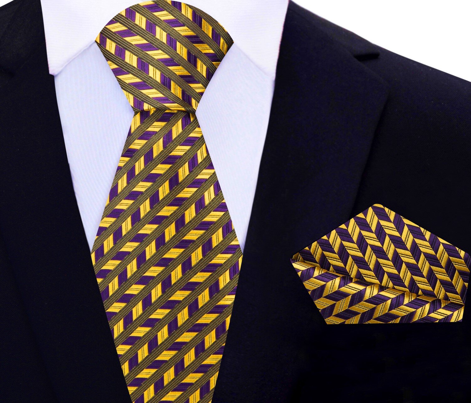 Main View: Purple Gold Geometric Tie and Pocket Square