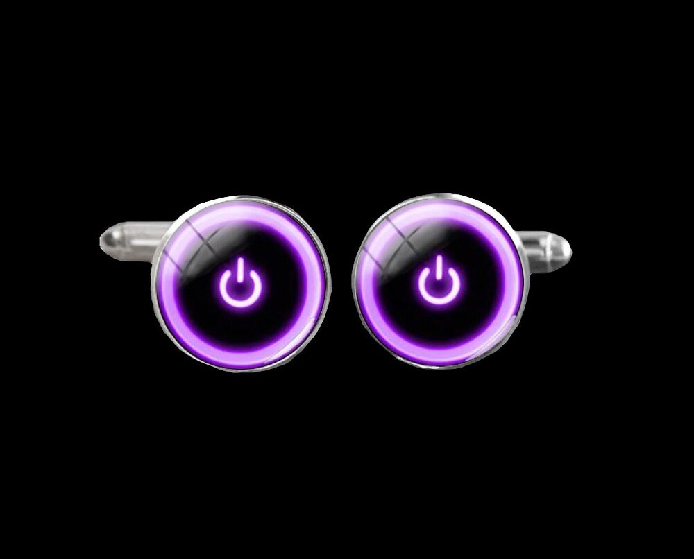 A Chrome, Pink with Circle and Power Button Design Cuff-links||Purple