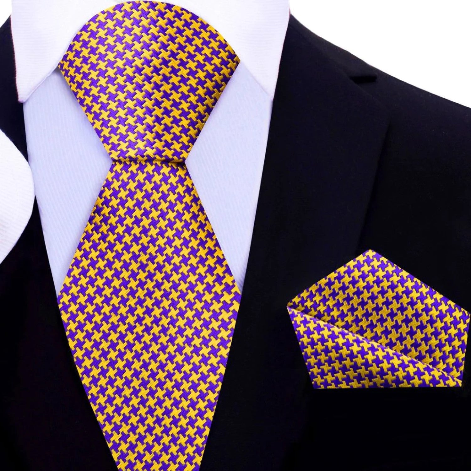 Gold and Purple Hounds-tooth Tie and Pocket Square