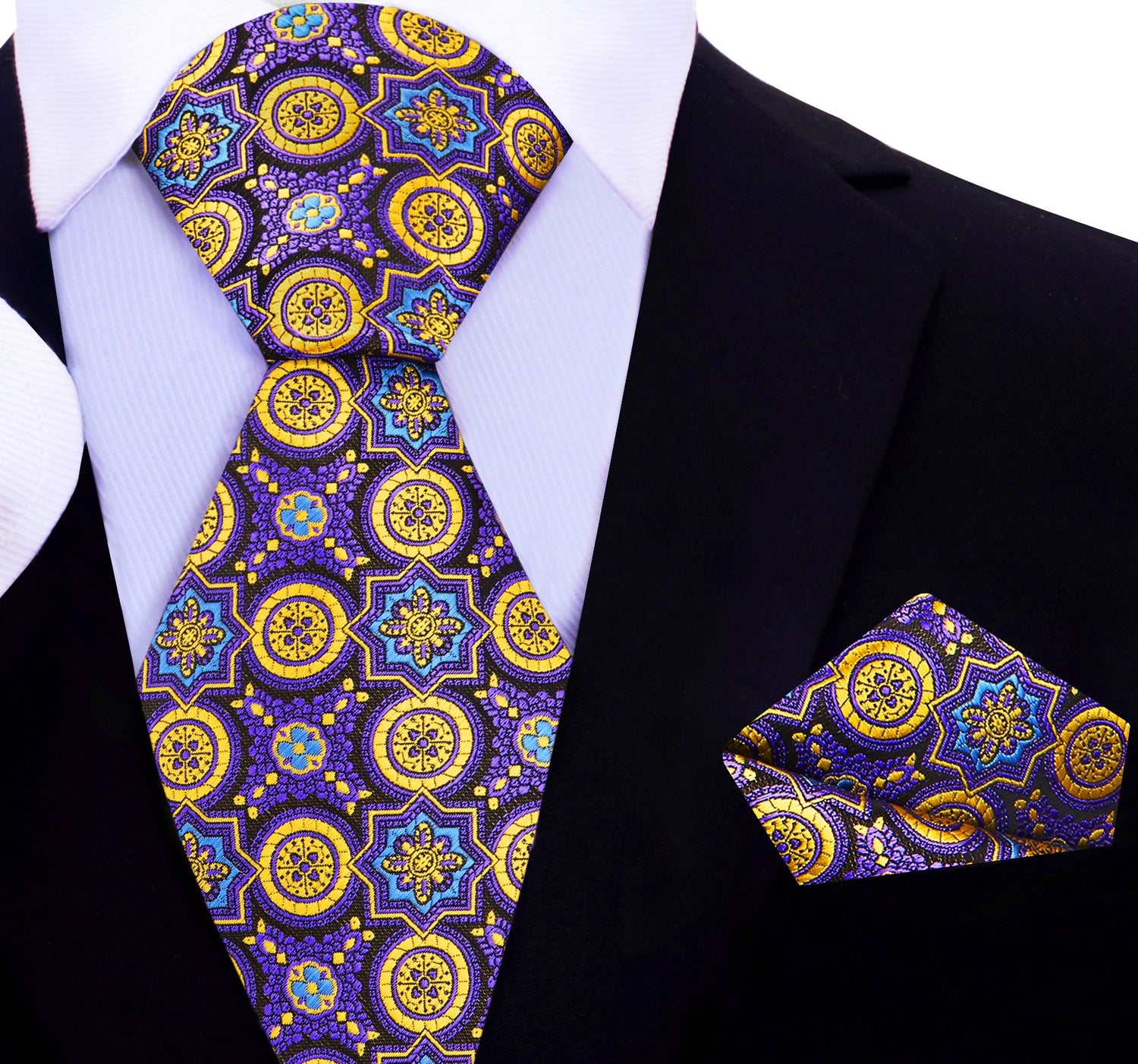 Purple and Gold Geometric Shield Tie and Square
