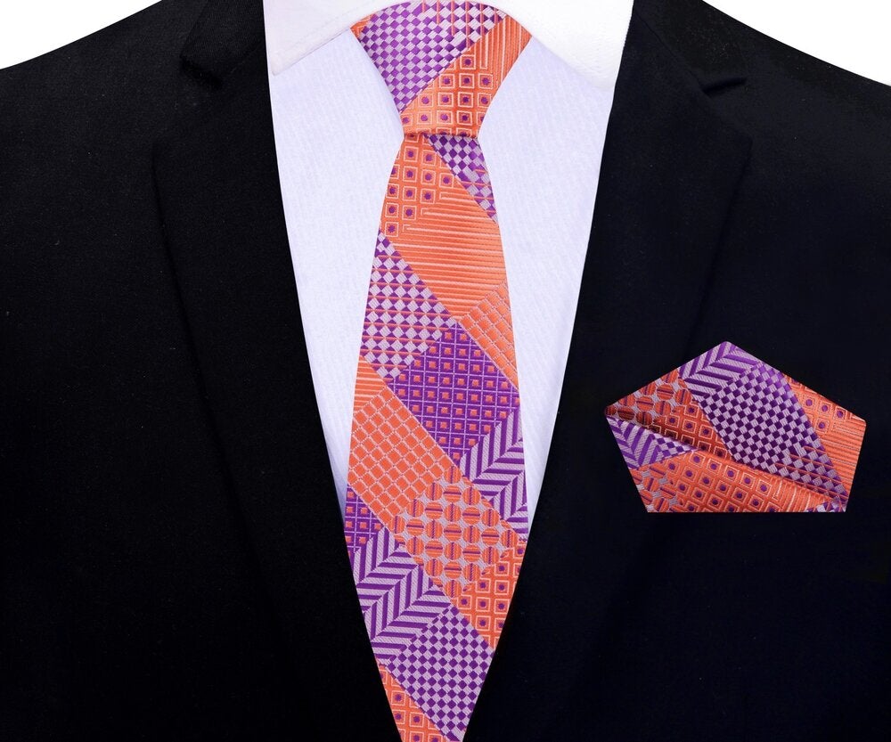 Purple and Orange Geometric Thin Tie and Pocket Square