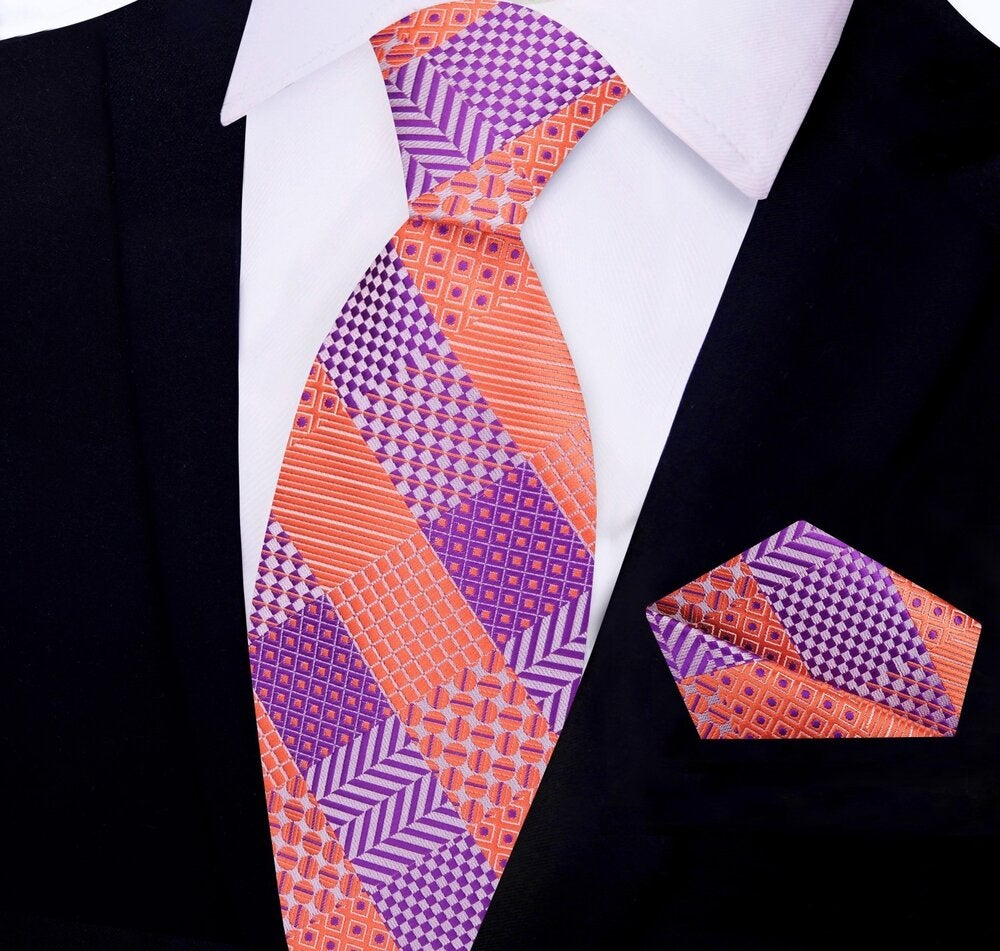Purple and Orange Geometric Tie and Pocket Square