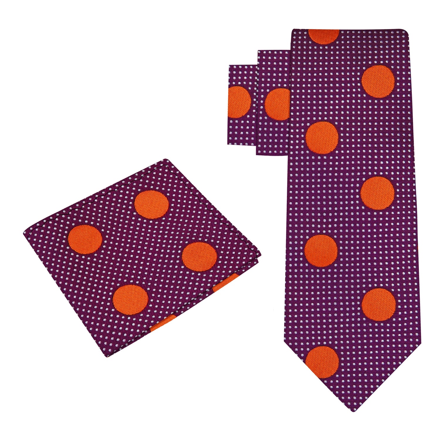 Alt View: A Purple, Orange Dots Pattern Silk Necktie, Matching Pocket Square