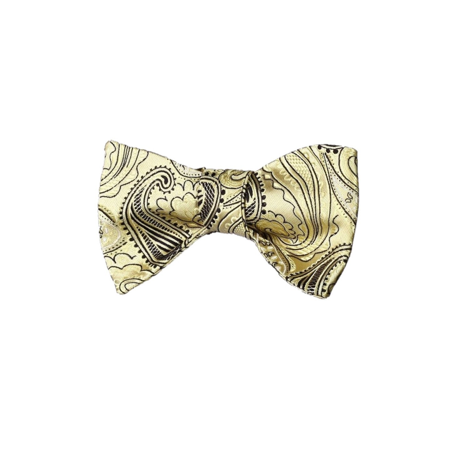 A Light Gold, Black Paisley Pattern Silk Pre Tied Bow Tie 