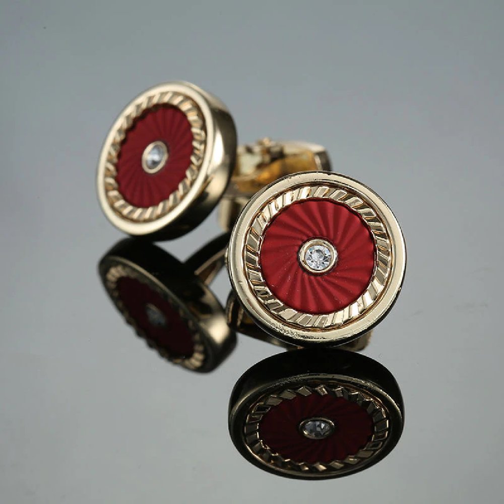 A Red, Gold Color Circle Shape Cuff-links.