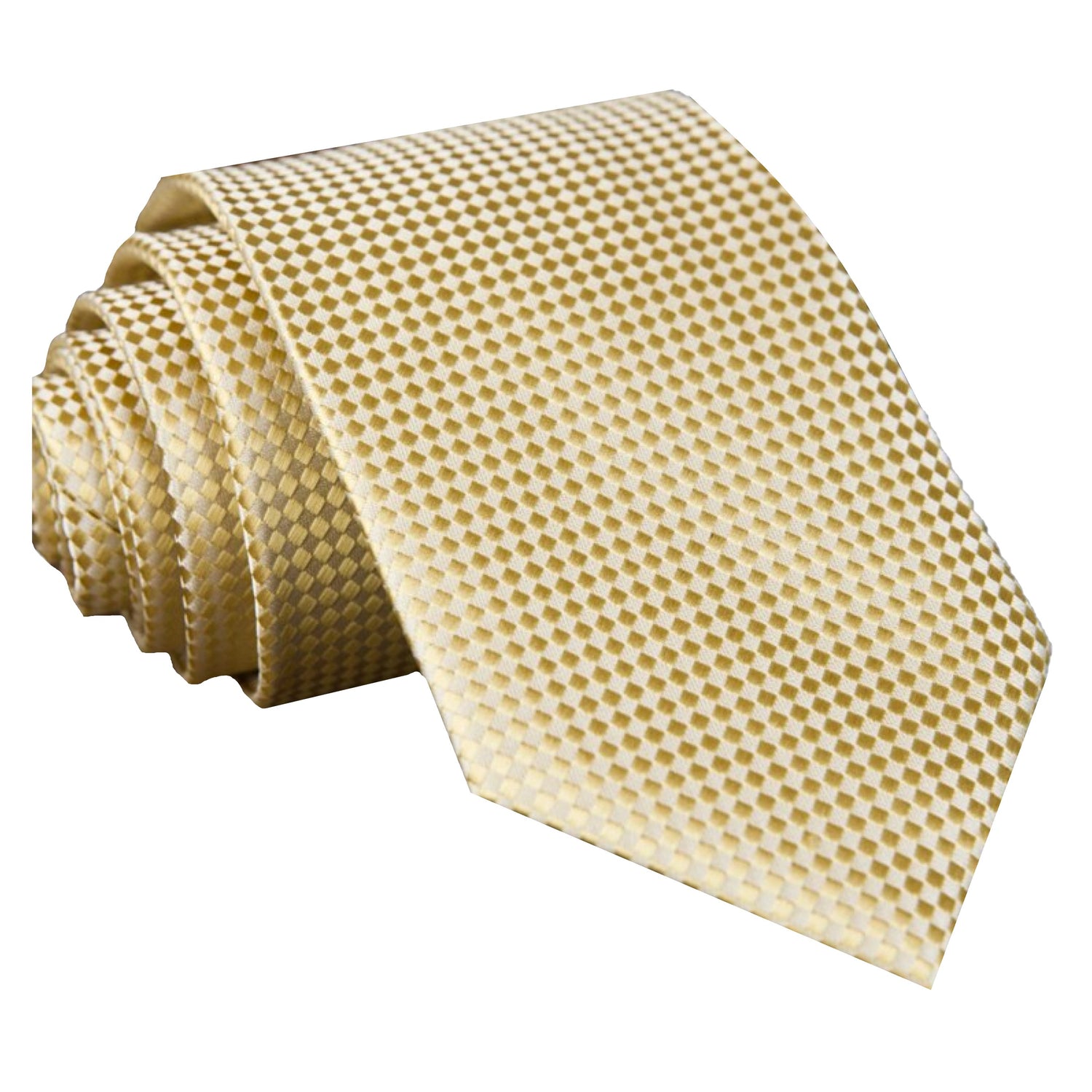 A Soft Metallic Gold, White Check Pattern Silk Necktie