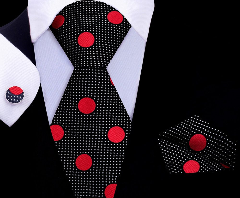 A Black, Red Dots Pattern Silk Necktie, Matching Pocket Square.
