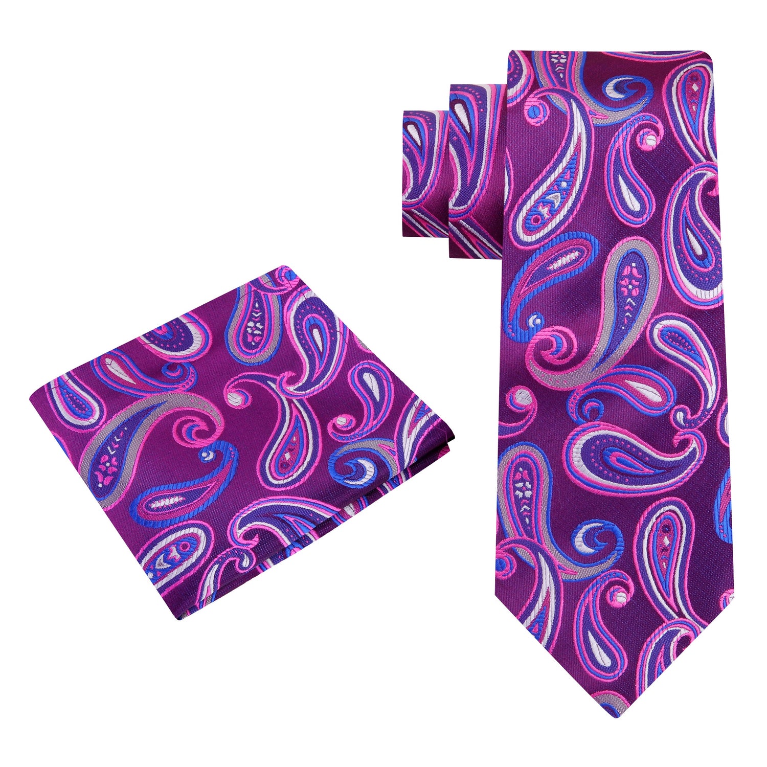 Alt View: A Purple, Blue Color Paisley Pattern Silk Necktie, Matching Pocket Square