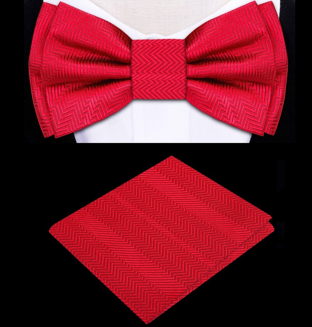 Real Red With Solid Lined Texture Bow Tie and Pocket Square