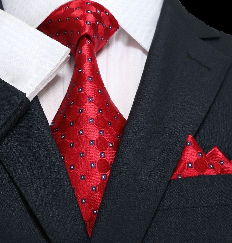 A Red, Black Geometric Tie and Pocket Square