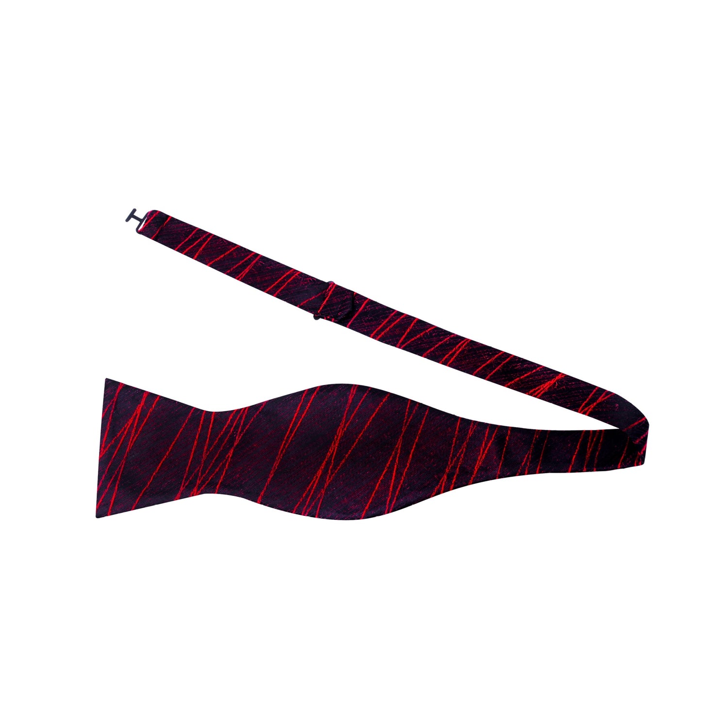 A Red, Black 3D Intersecting Abstract Lines Pattern Silk Self Tie Bow Tie Untied