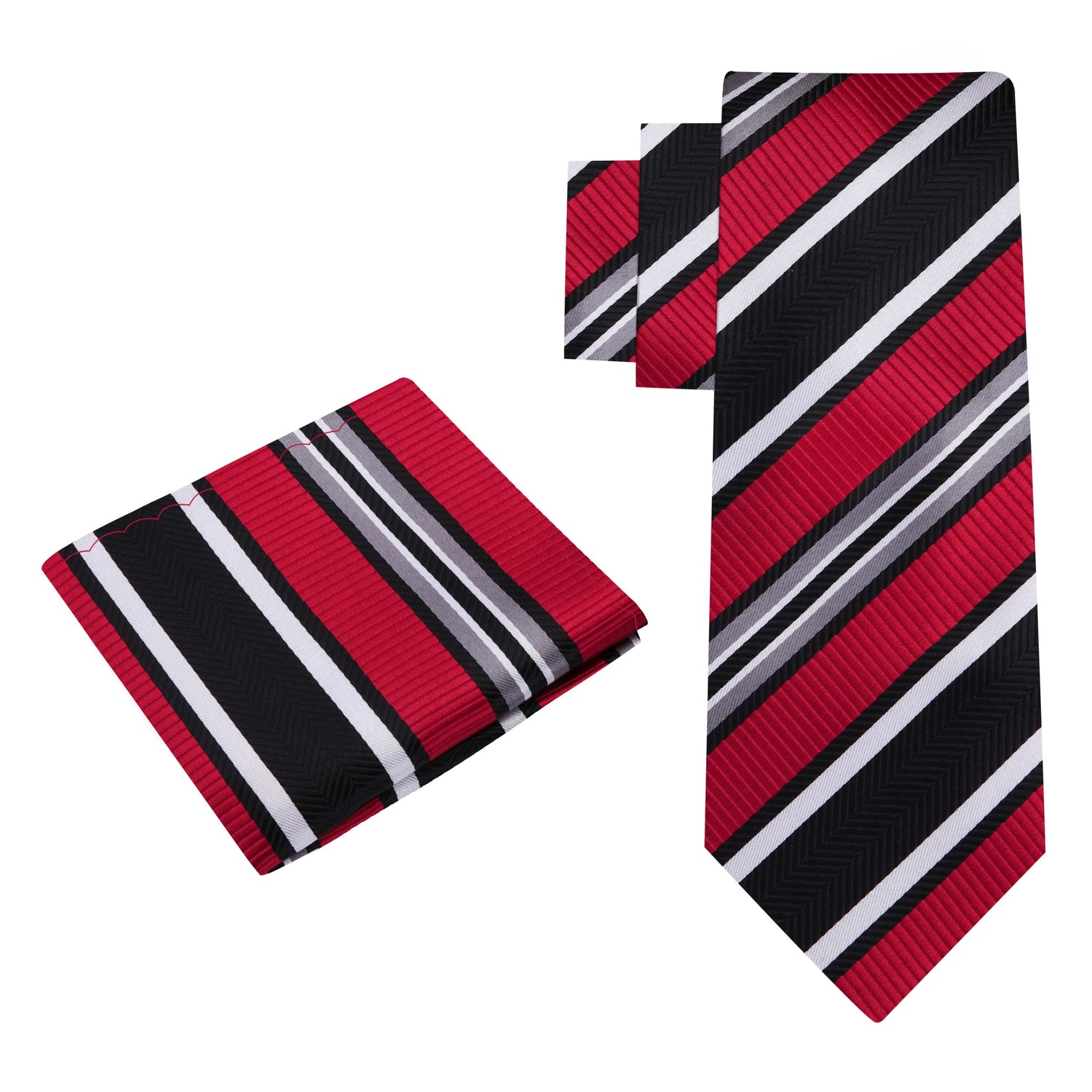 Alt View: A Red, Black, White Stripe Pattern Silk Necktie, Matching Pocket Square