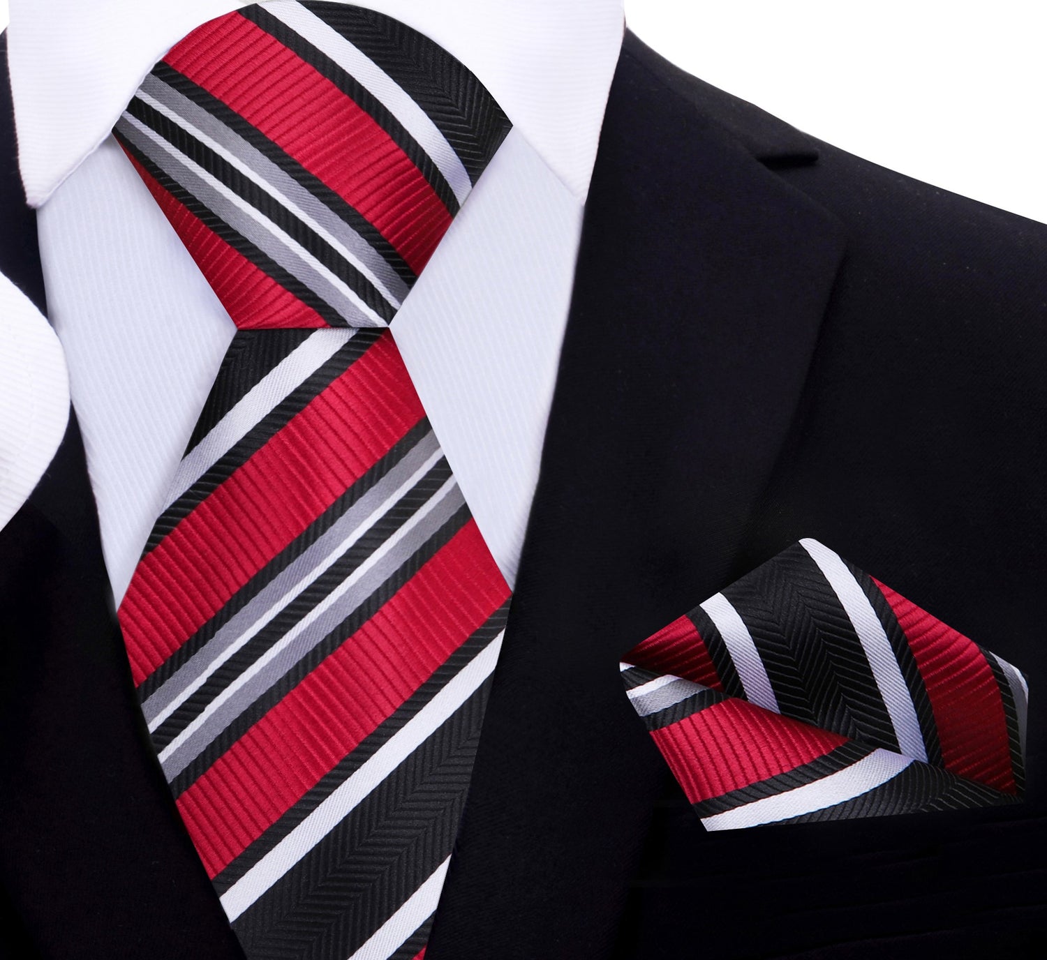 A Red, Black, White Stripe Pattern Silk Necktie, Matching Pocket Square
