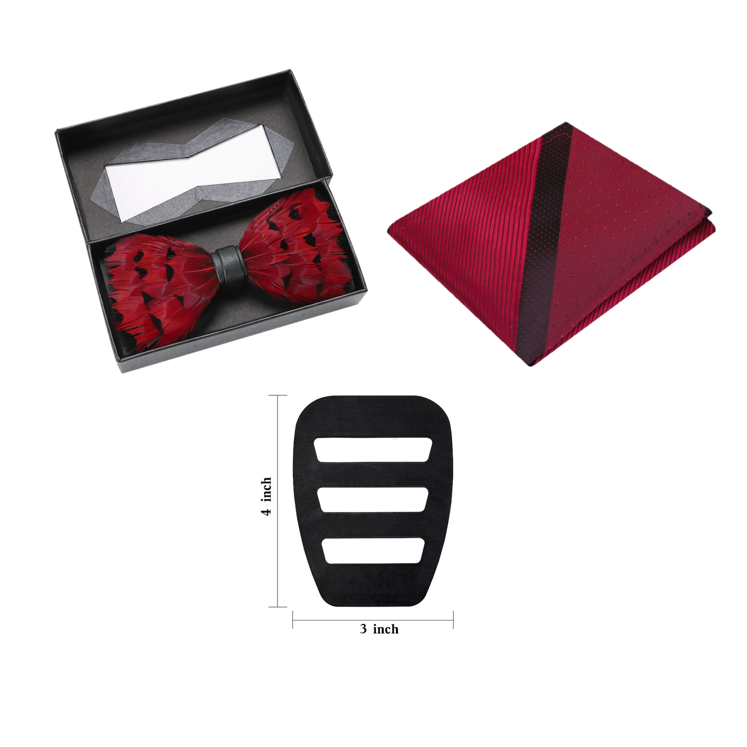 Red, Black Feather Bow Tie, Red Square and Pocket Square Holder