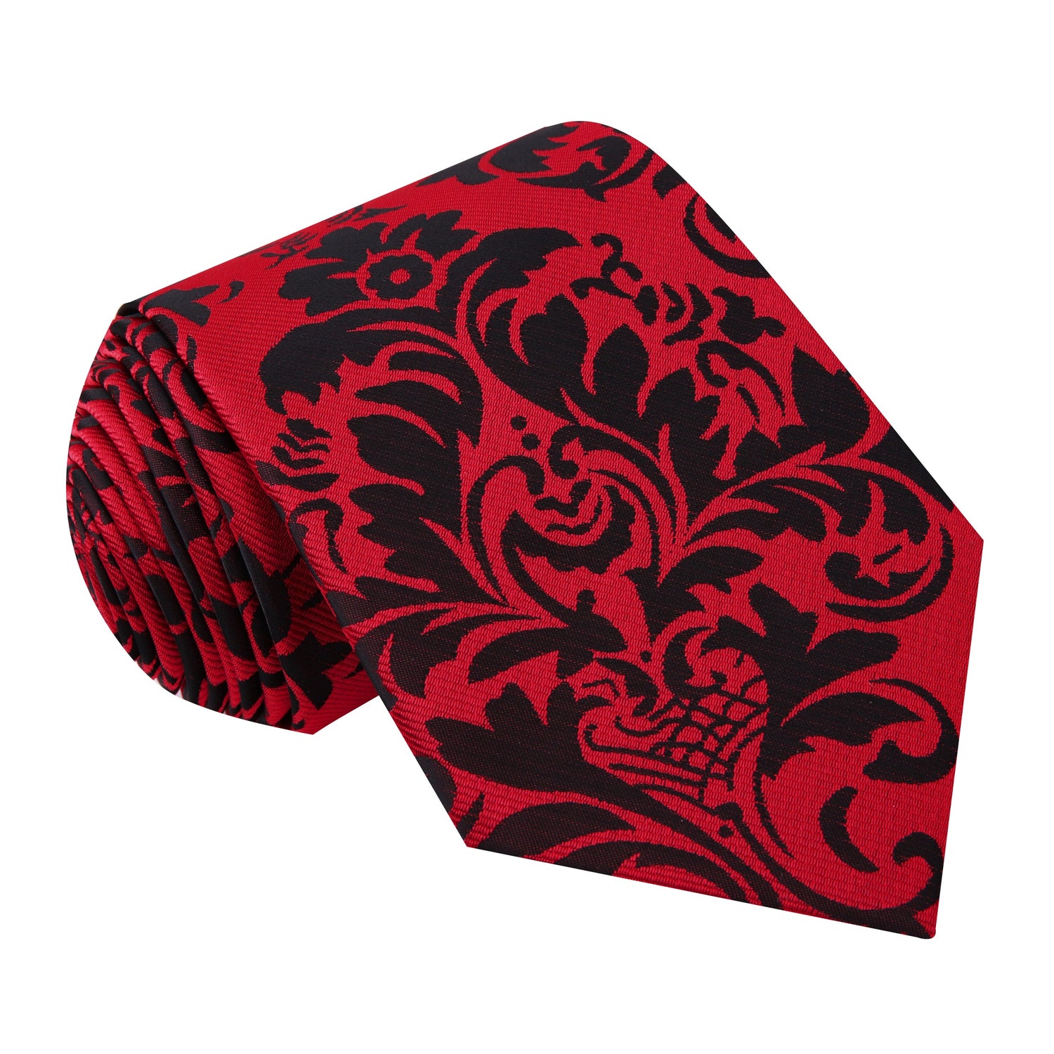 A Red, Black Floral Pattern Silk Necktie 