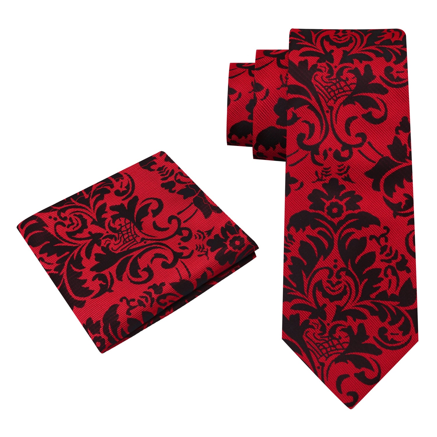 Alt View: A Red, Black Floral Pattern Silk Necktie, Matching Pocket Square