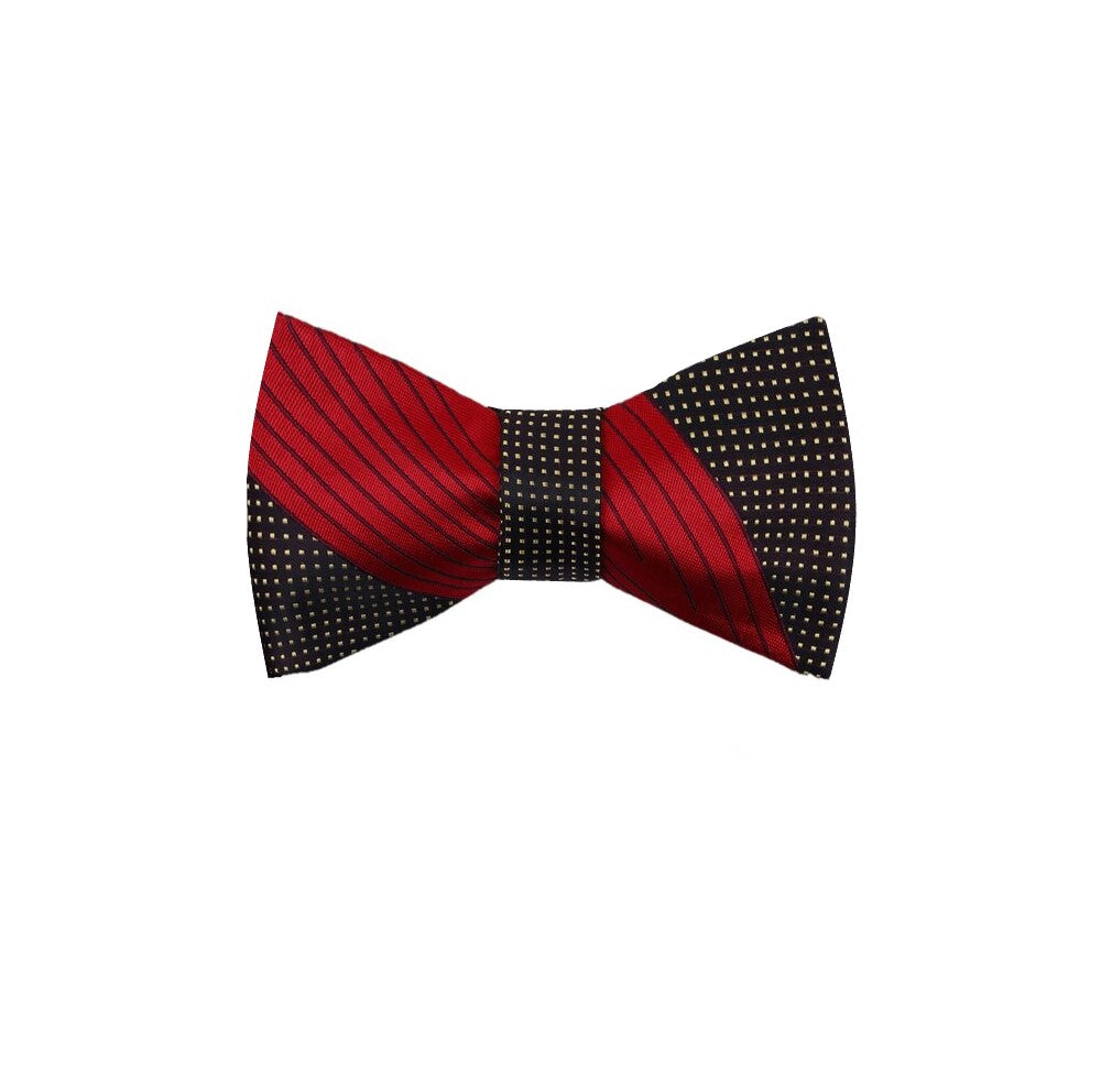 A Red, Black, Gold Abstract Lines and Dots Silk Self Tie Bow Tie 