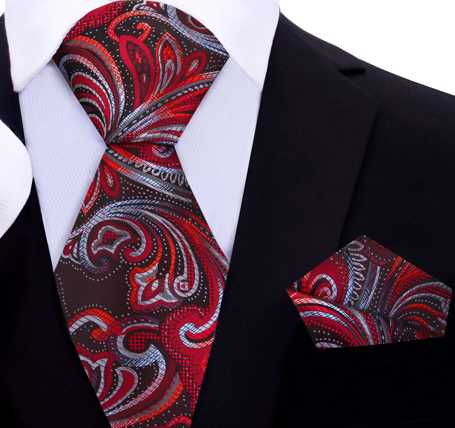 red, black, grey floral tie and pocket square