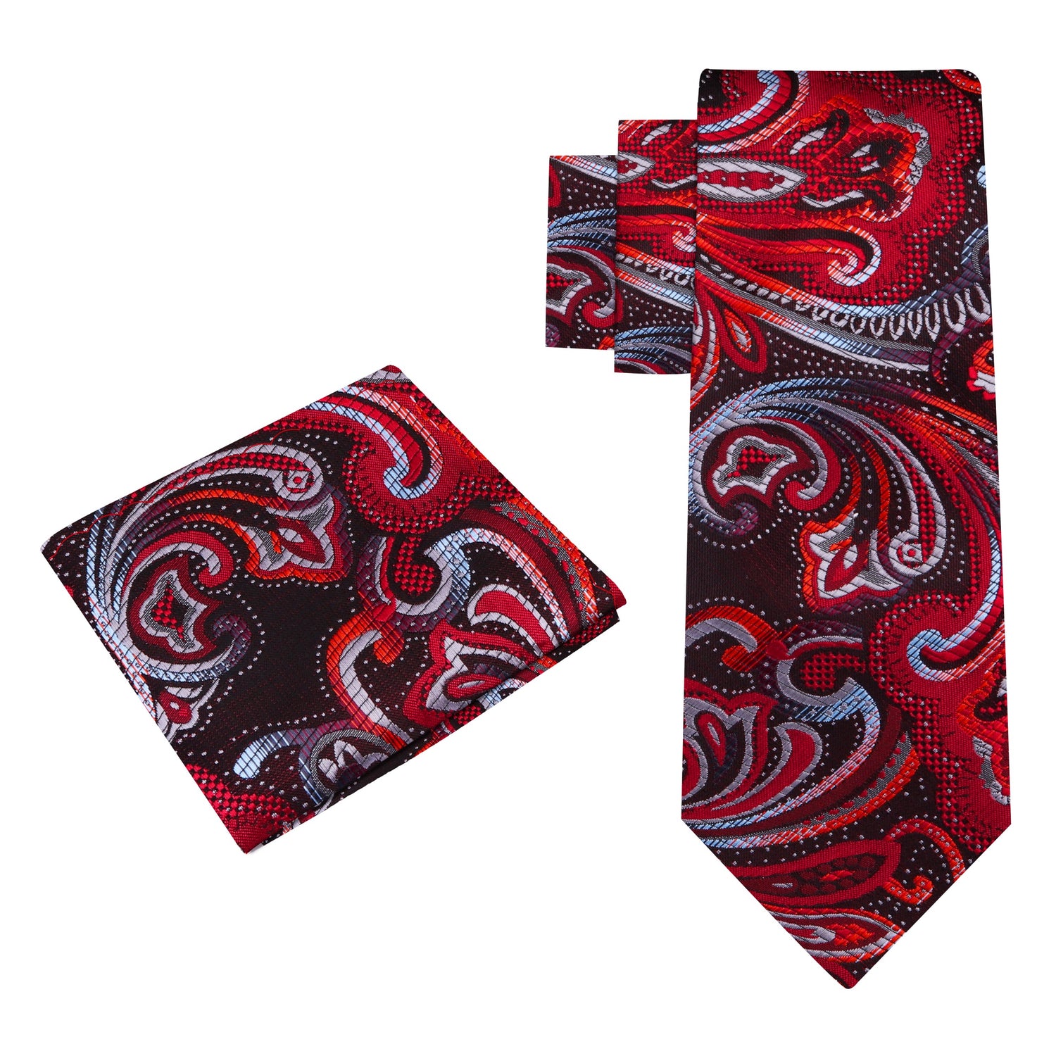 View 2: red, black, grey floral tie and pocket square