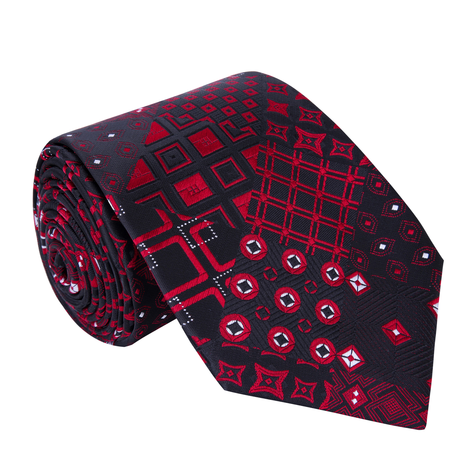 A Black, Red Abstract Geometric Shapes Pattern Silk Necktie 