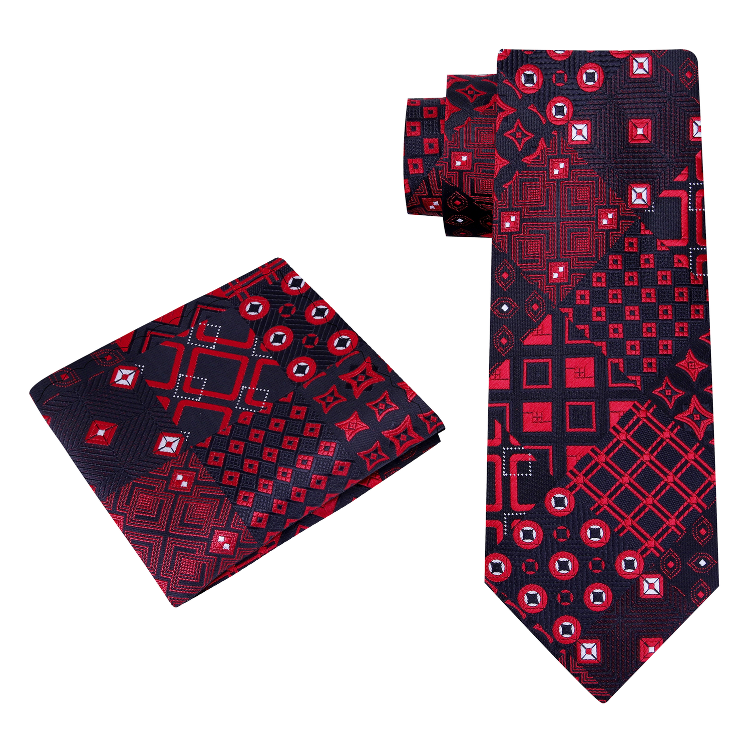 View 2: A Black, Red Abstract Geometric Shapes Pattern Silk Necktie, Matching Pocket Square
