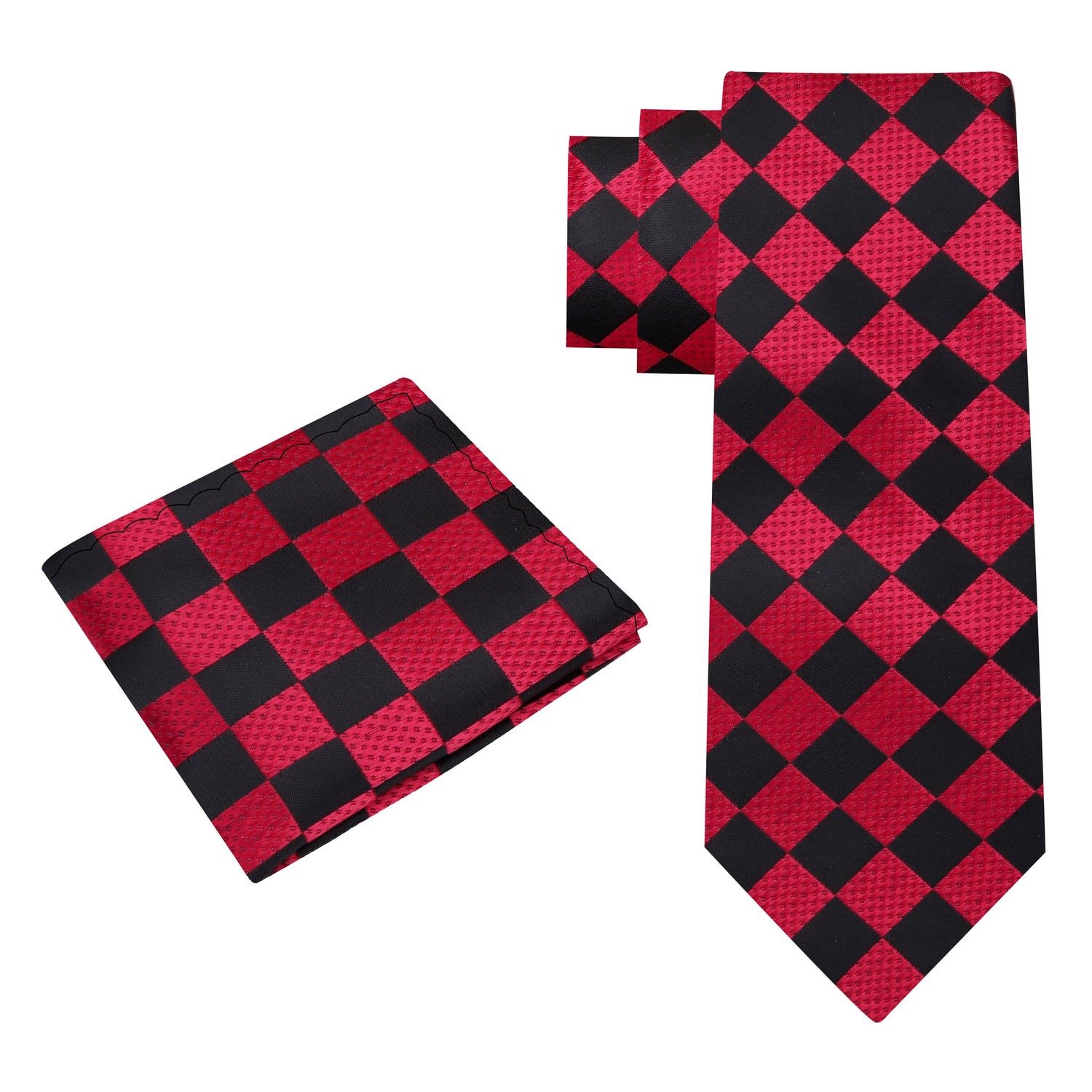 Alt View: Red, black geometric tie and pocket square