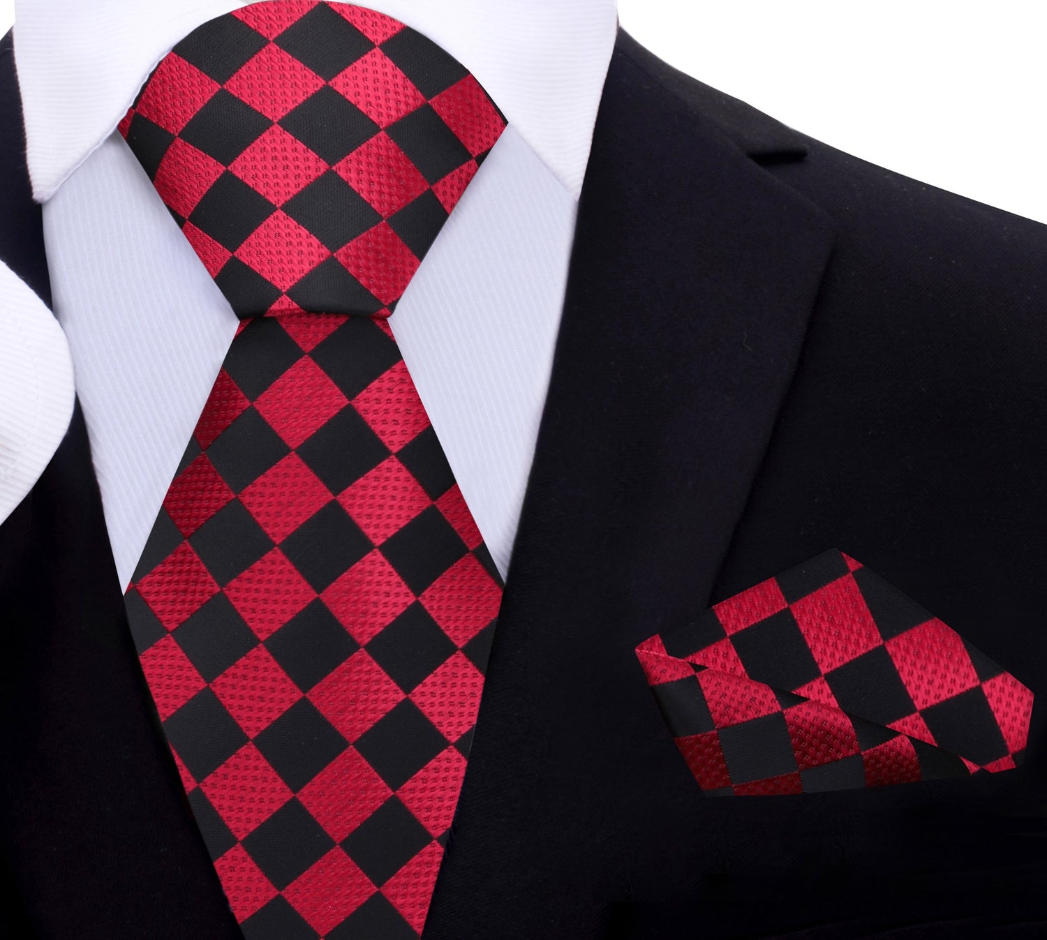 Red, black geometric tie and pocket square