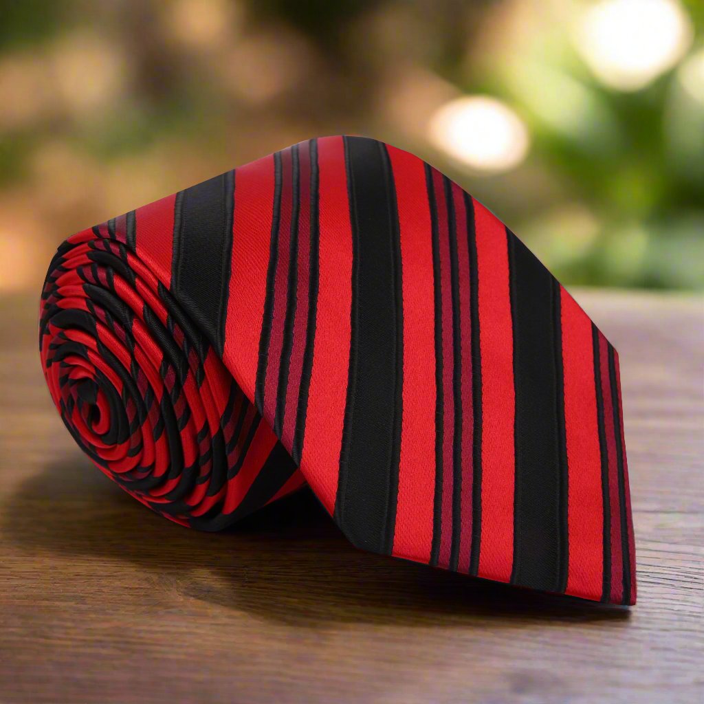 A Black, Red Stripe Pattern Silk Necktie 