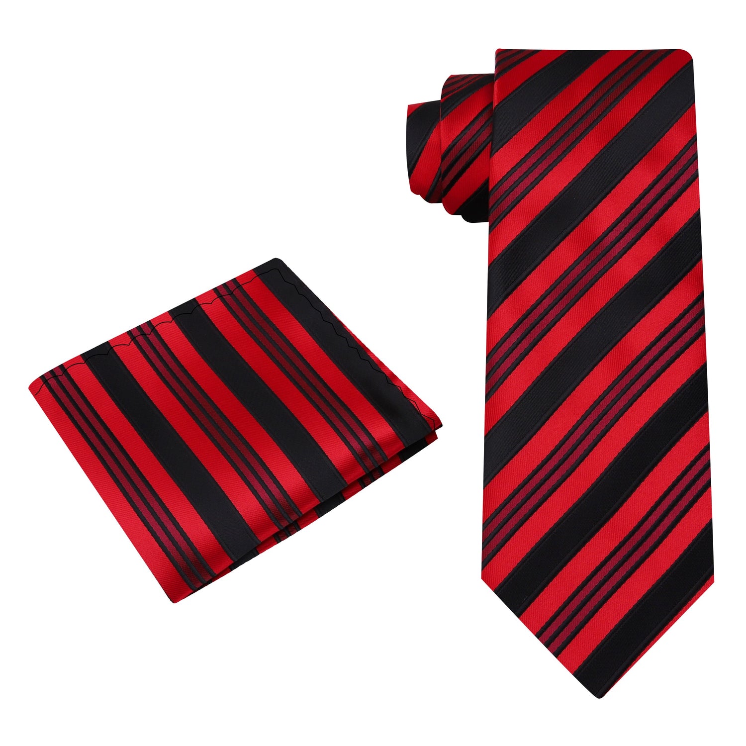 Alt View: A Black, Red Stripe Pattern Silk Necktie, Matching Pocket Square