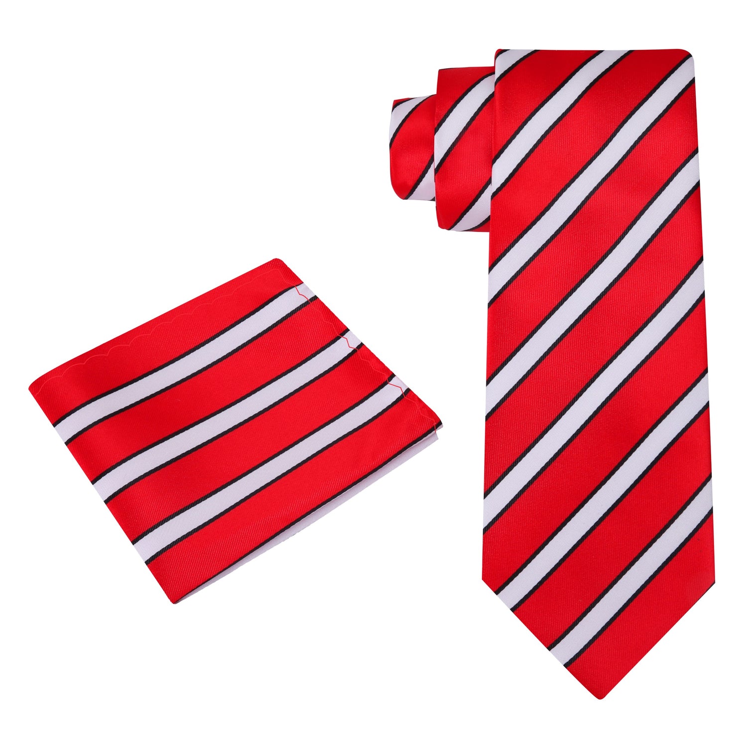 Alt View: A Red, Black, White Stripe Pattern Silk Necktie, Pocket Square 