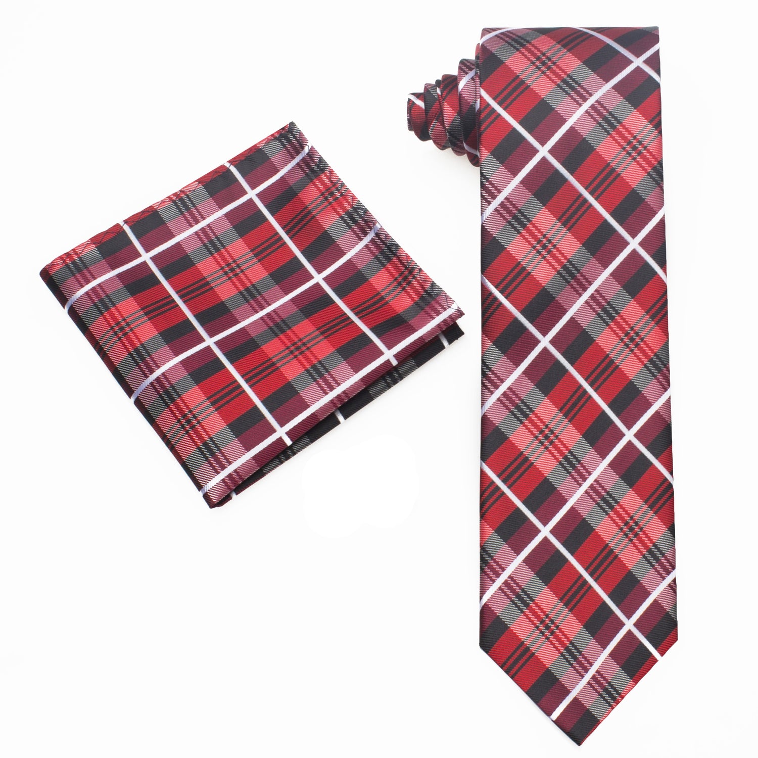 Alt View: A Red, Black Plaid Pattern Silk Necktie, Matching Pocket Square