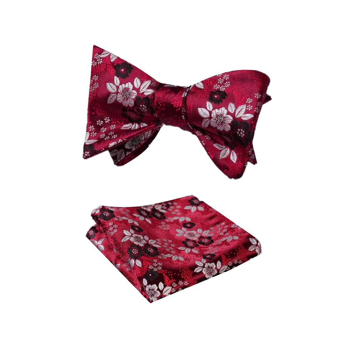  Red, Black, White Detailed Flowers Pattern Silk Self Tie Bow Tie, Matching Pocket Square