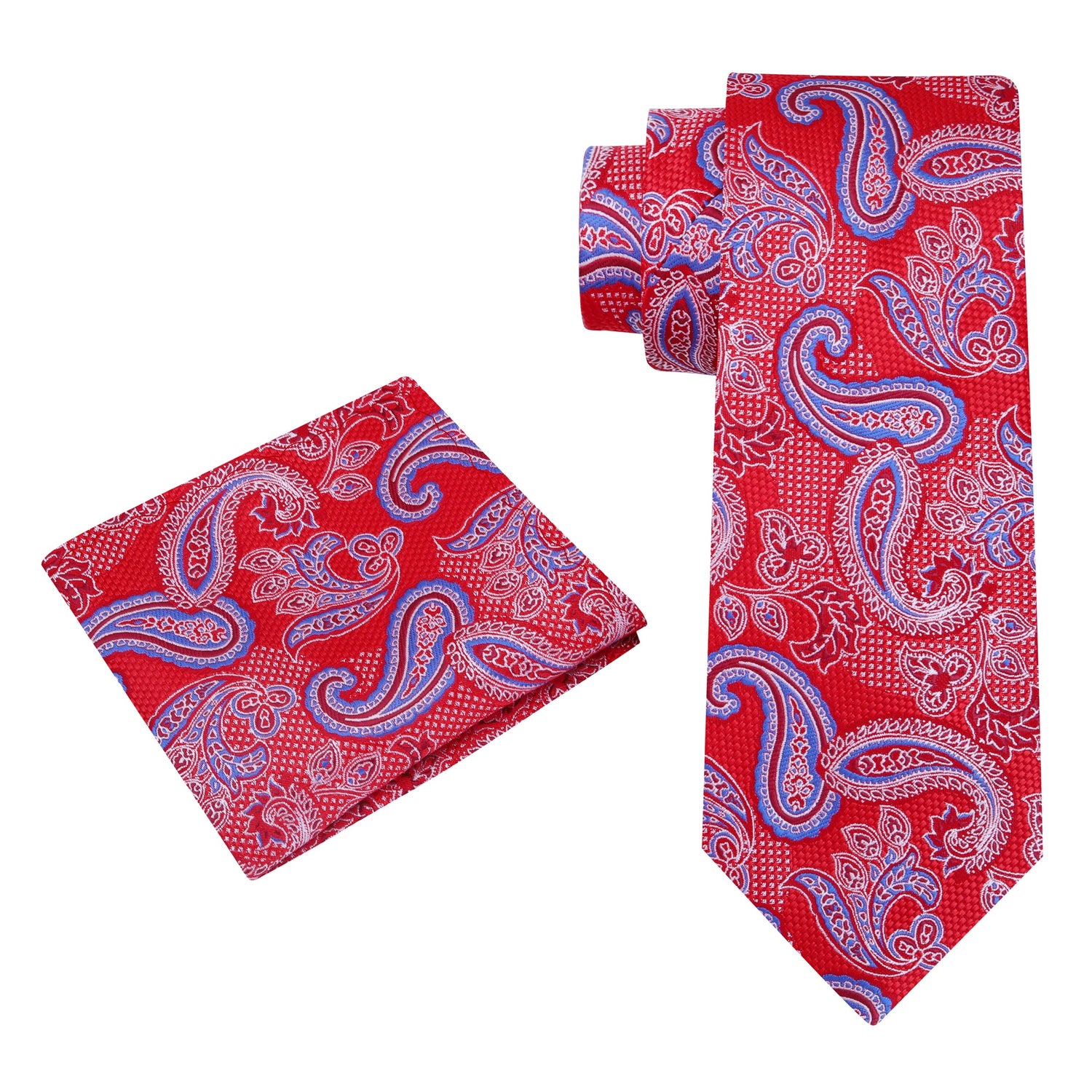 View 2: A Red, Blue Paisley Pattern Silk Necktie, Matching Pocket Square 