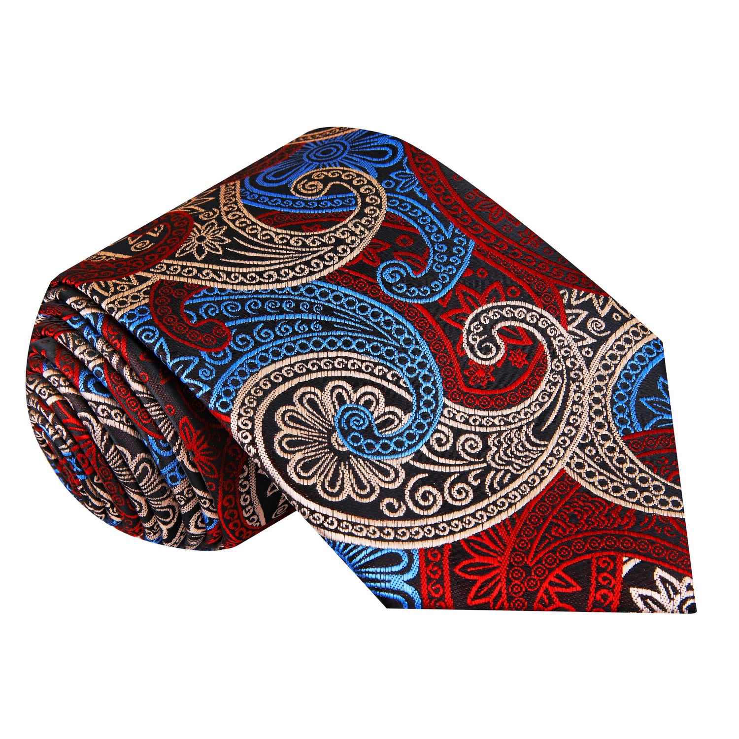 A Red, Cream, Light Blue Paisley Pattern Necktie  