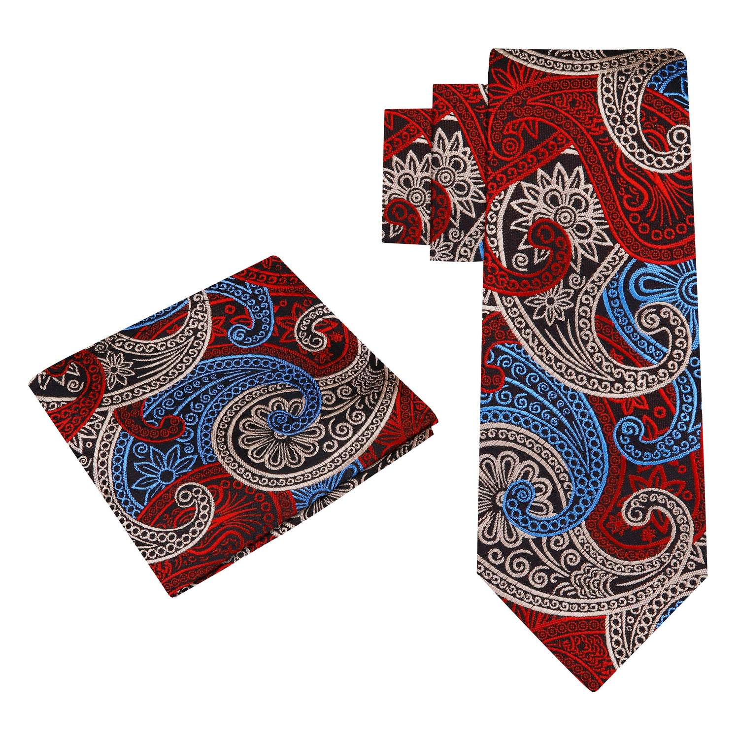 Alt View: A Red, Cream, Light Blue Paisley Pattern Necktie With Matching Pocket Square