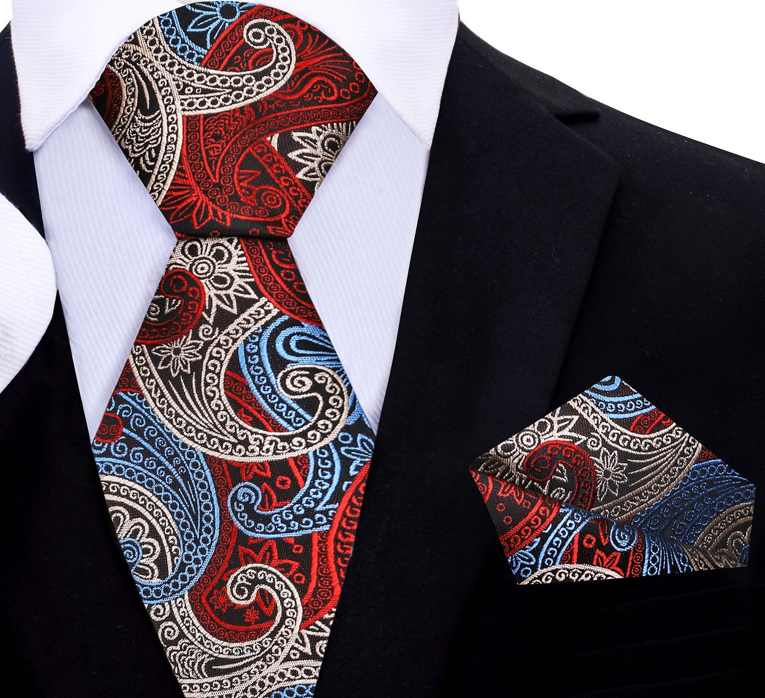 A Red, Cream, Light Blue Paisley Pattern Necktie With Matching Pocket Square