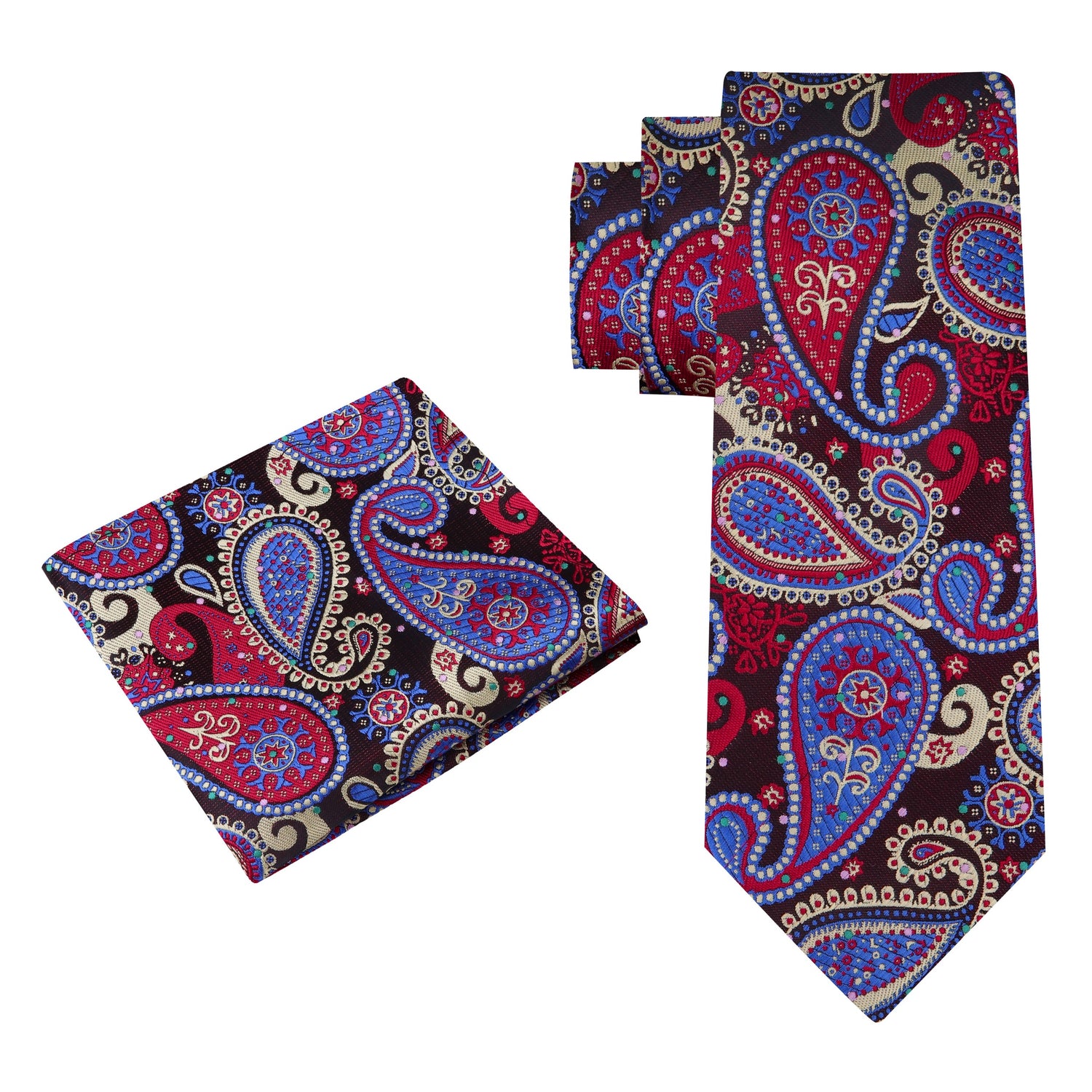 Alt View: A Red, Blue, Cream Paisley Pattern Silk Necktie, Matching Pocket Square