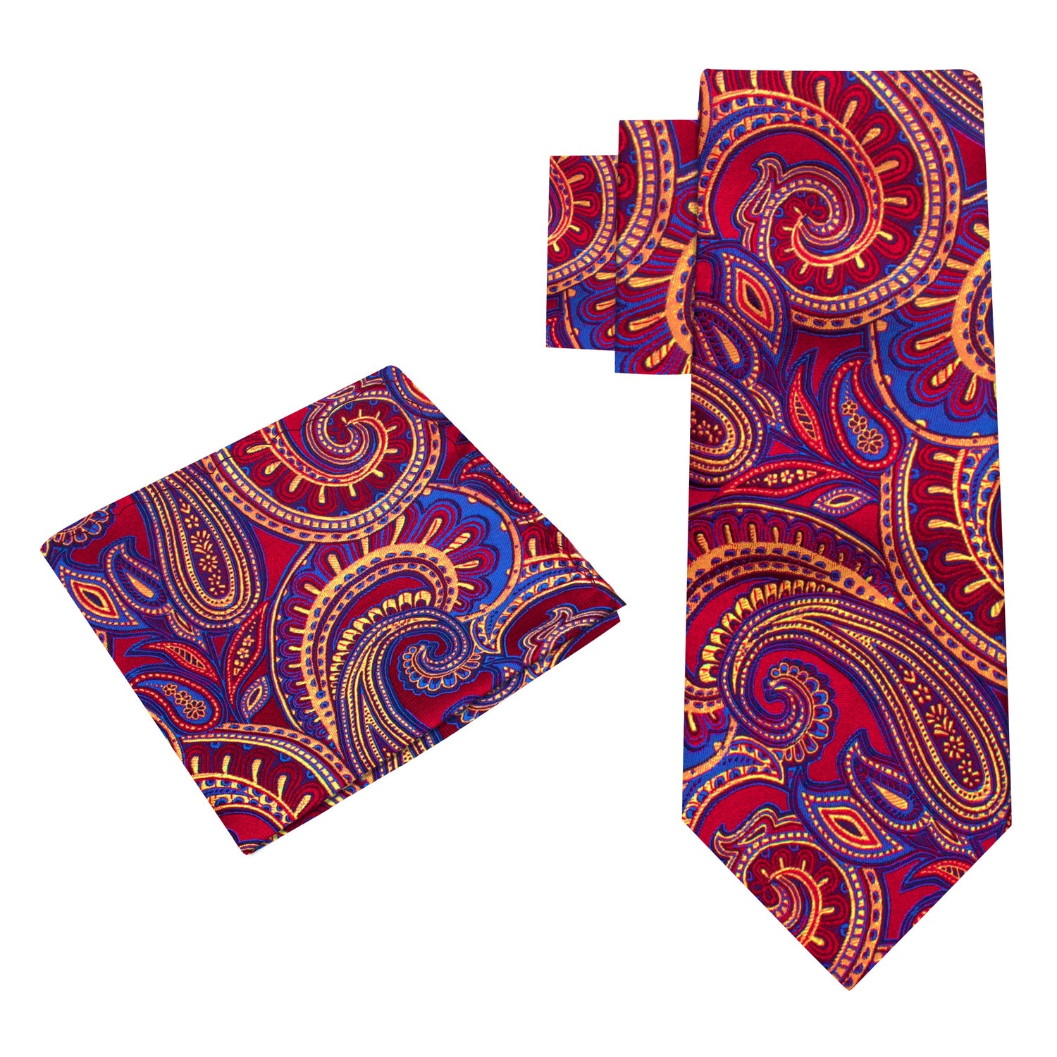 Alt View: A Red, Blue Paisley Pattern Silk Necktie, Matching Silk Pocket Square