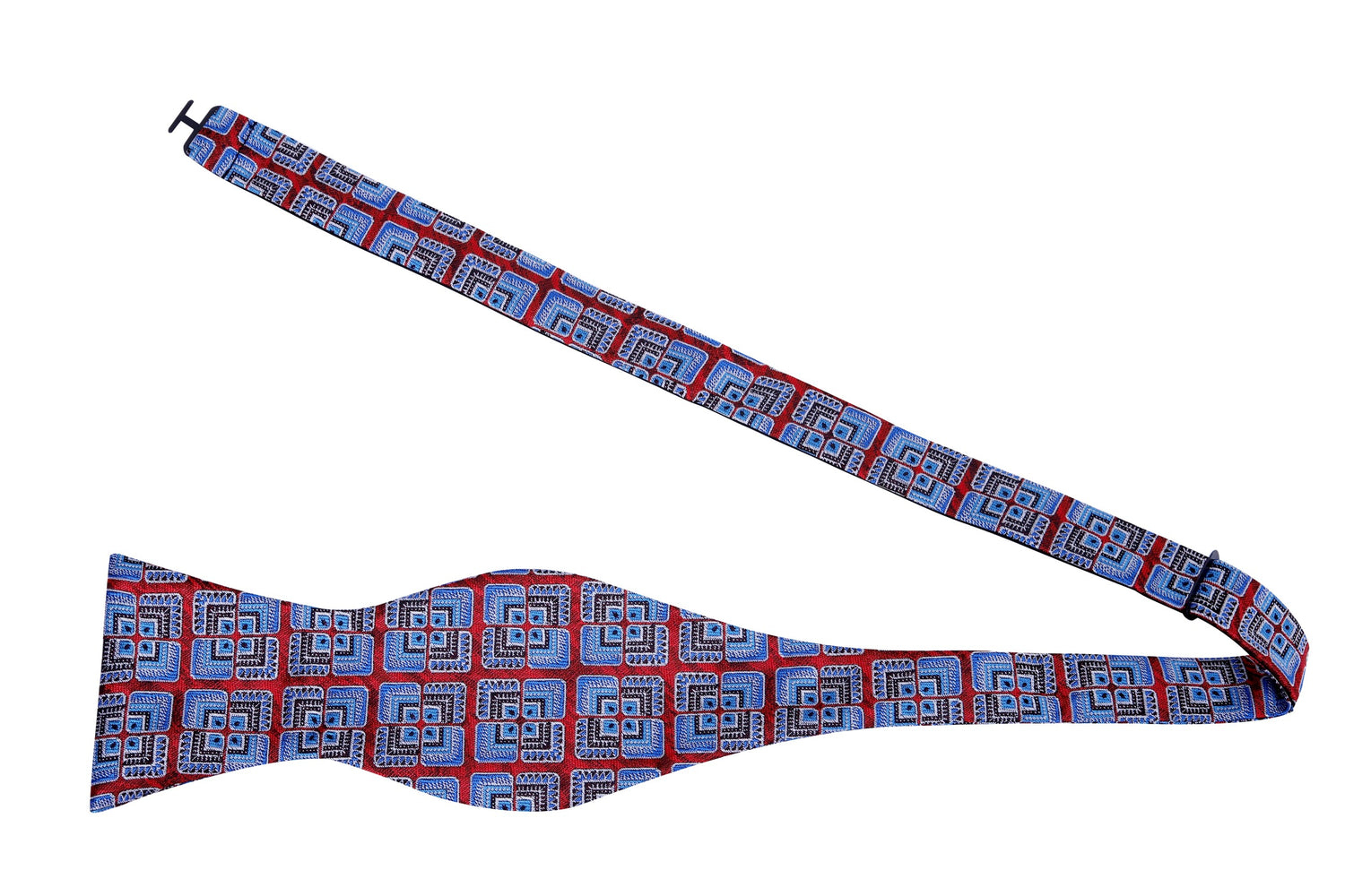 A Red, Blue, Brown Geometric Floral Pattern Silk Self Tie Bow Tie Untied
