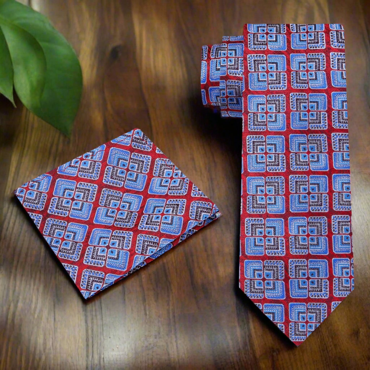 Alt View: Red and Blue Geometric Abstract Tie and Pocket Square