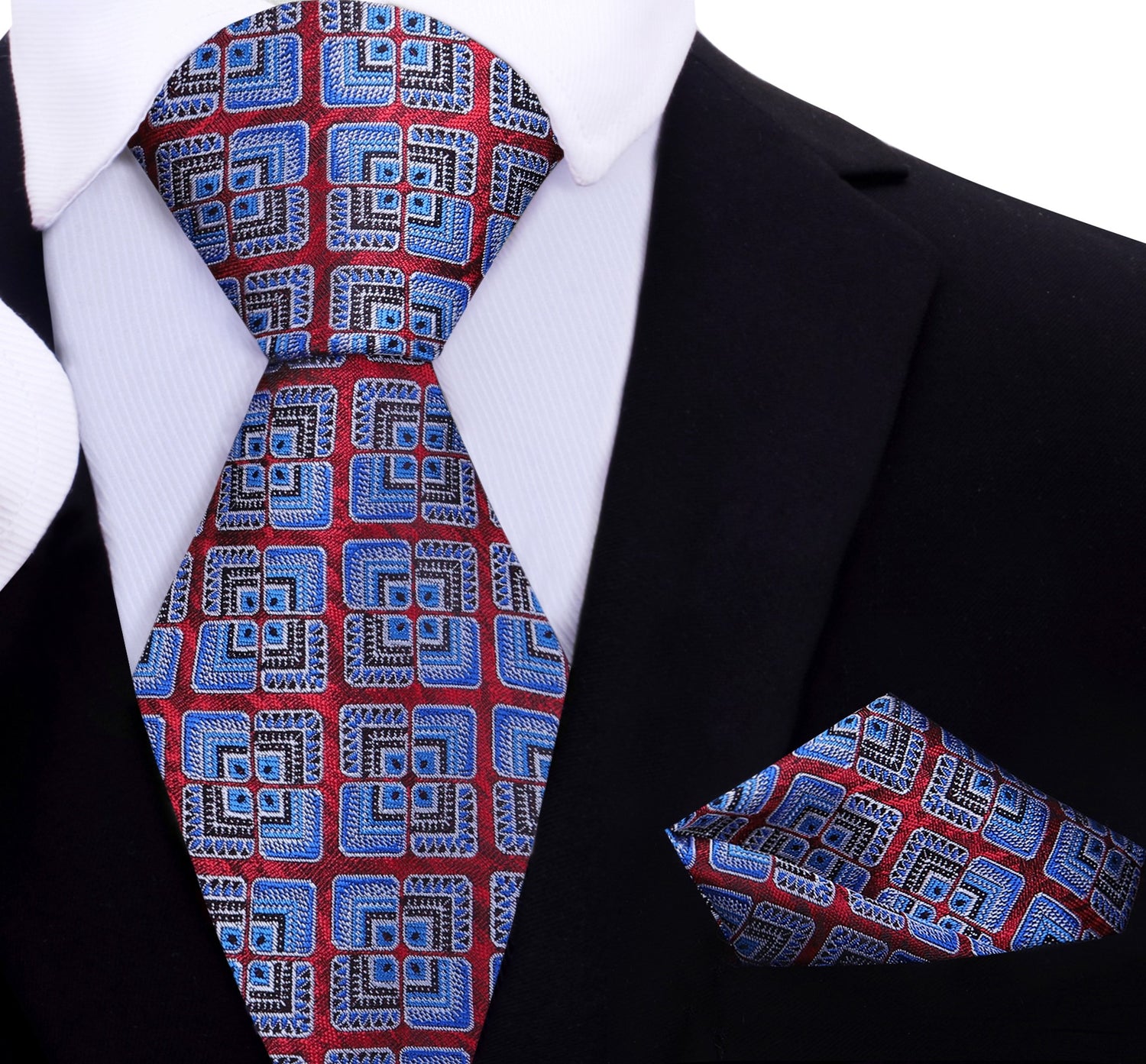Red and Blue Geometric Abstract Tie and Pocket Square