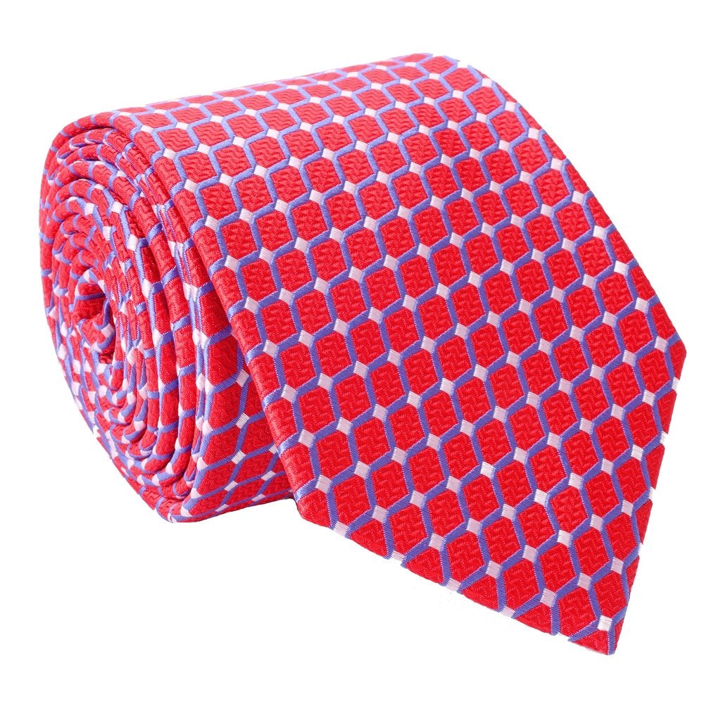 A Red, White, Light Blue Geometric Pattern Pattern Silk Necktie,