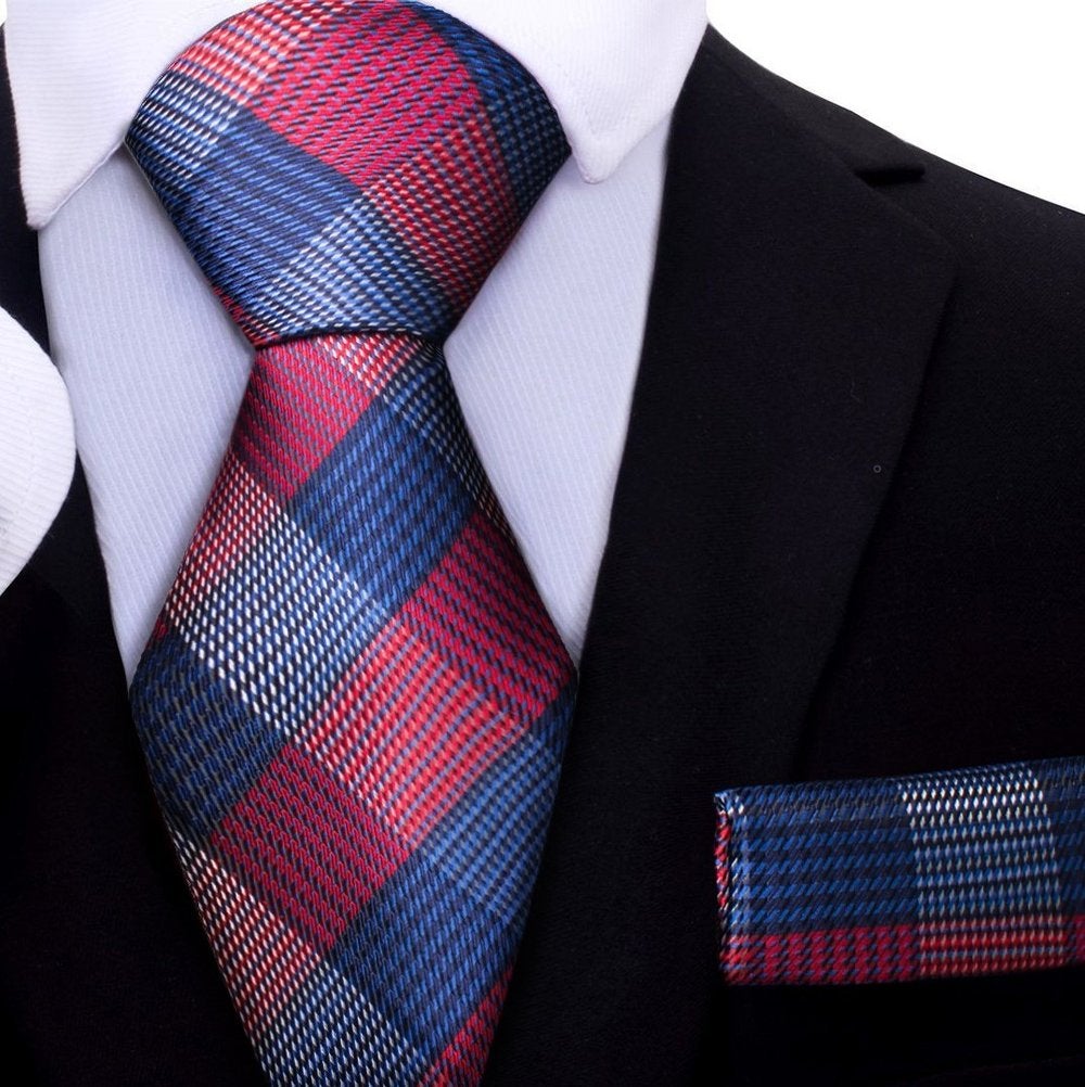 Red and Blue Plaid Tie and Pocket Square