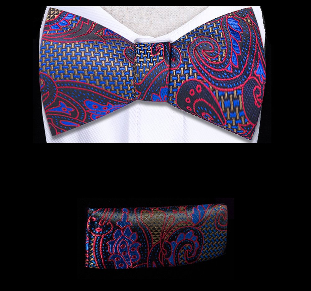 A Red, Blue, Grey Paisley Pattern Silk Self Tie Bow Tie, Matching Pocket Square, And Cuff-links.||Red, Blue, Gold