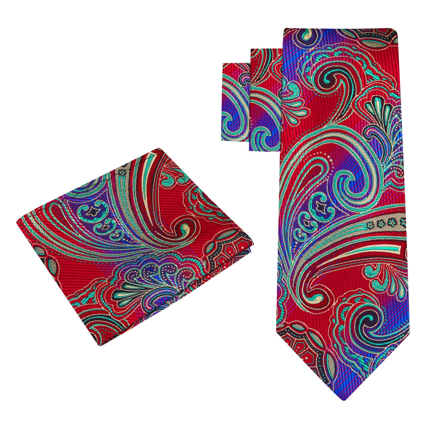 Alt View: A Blue, Red, Green Paisley Pattern Silk Necktie, Matching Silk Pocket Square