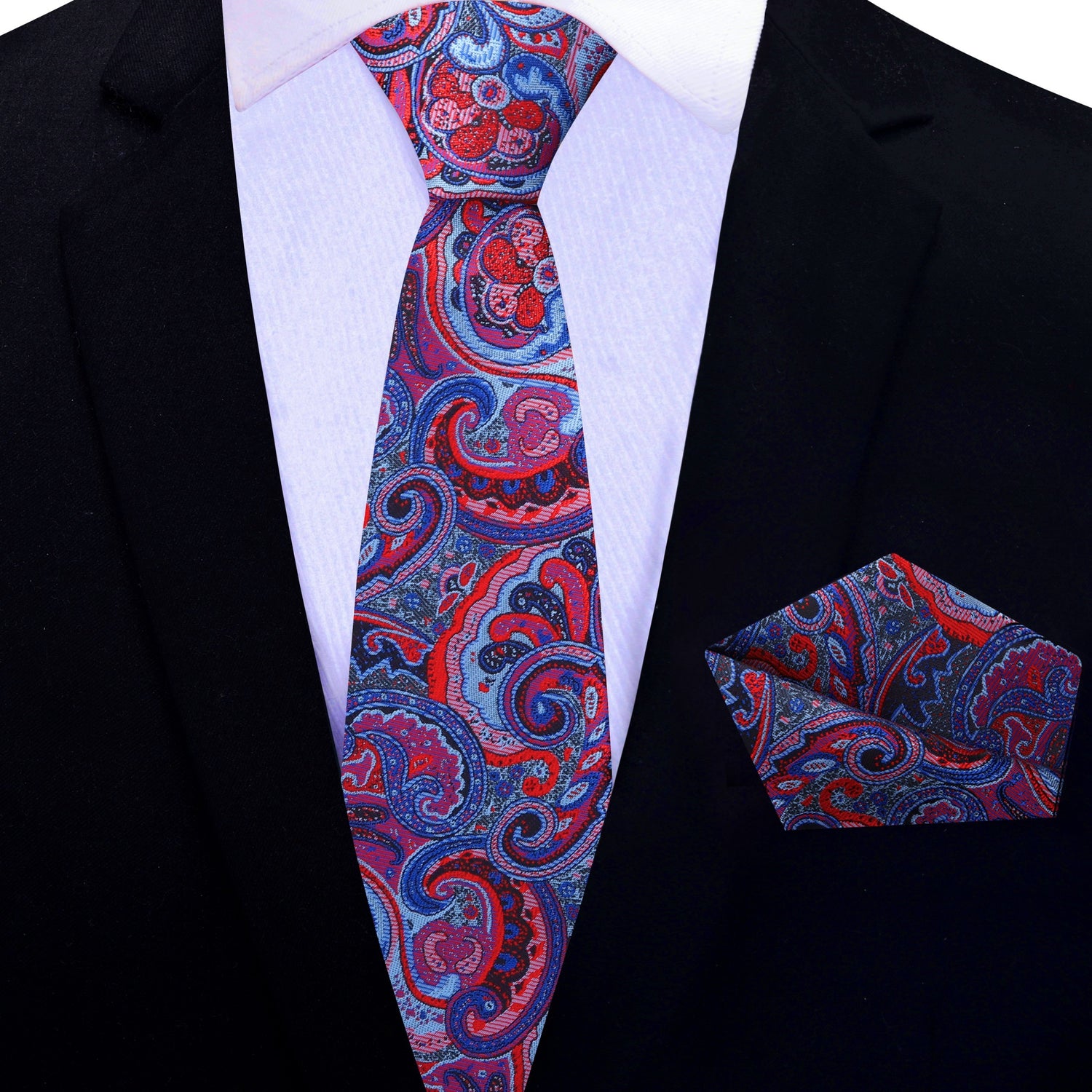 Shades of Red and Blue Intricate Paisley Thin Tie and Pocket Square