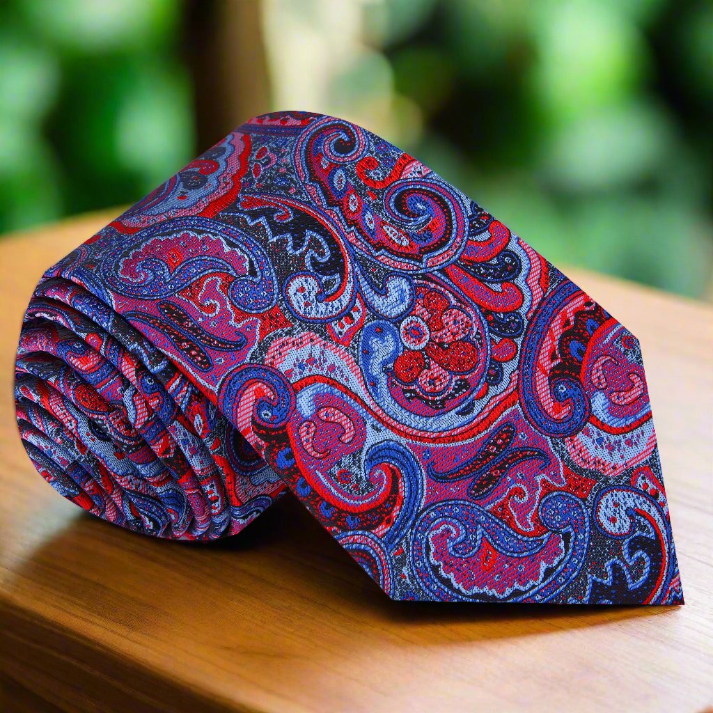 Shades of Red and Blue Intricate Paisley Tie 